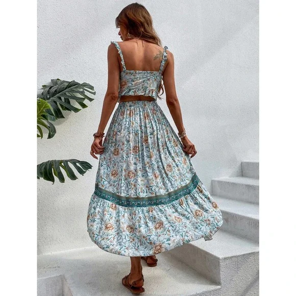 2 piece set: Floral Print Tie Front Cami crop Top & Ruffle Hem midi Skirt blue - Picture 4 of 7